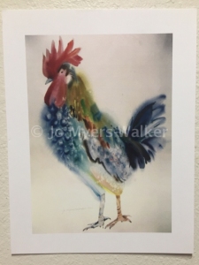 Rooster, reproduction of original watercolor painting of a whimsical bird by artist Jo Myers-Walker