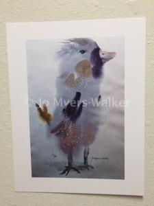 Trudy, reproduction of original watercolor painting of a whimsical bird by artist Jo Myers-Walker