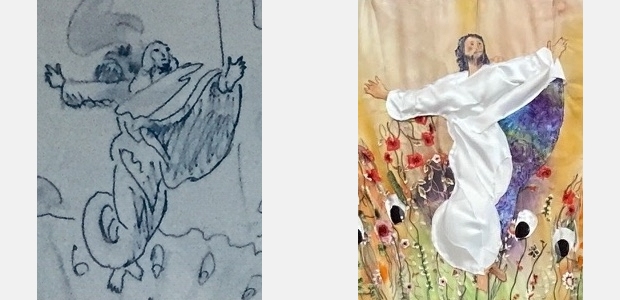 Detail of preliminary sketch and final section of fabric improvisational wall hanging by artist Jo Myers-Walker showing a scene from the story of Easter