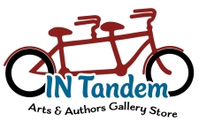 Logo of IN Tandem Arts & Authors Gallery Store in Des Moines, a red tandem bicycle with the name of the gallery in blue