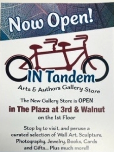 Preview of a poster for IN Tandem Arts & Authors Gallery Store in downtown Des Moines, with the gallery's tandem bicycle logo