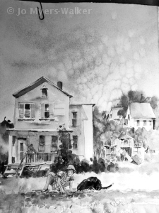 Watercolor painting, using only black paint, of a house and yard with child and cat in the foreground inspecting something on the ground, by artist Jo Myers-Walker