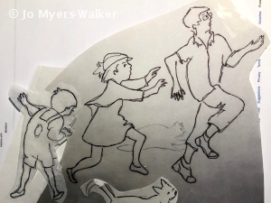 Line drawing, repositionable figures of three children of descending sizes and a cat running toward the right of the page by artist Jo Myers-Walker