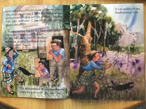 Pages from the storybook Carol Jo's Daydreaming Tree by Jo Myers-Walker featuring watercolor paintings of children and their cat in a yard with a house and trees